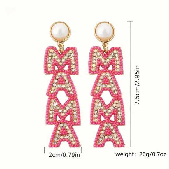 MAMA bling earrings Mother’s Day Pink Pearl beads and rhinestones drop earrings - Picture 2 of 5
